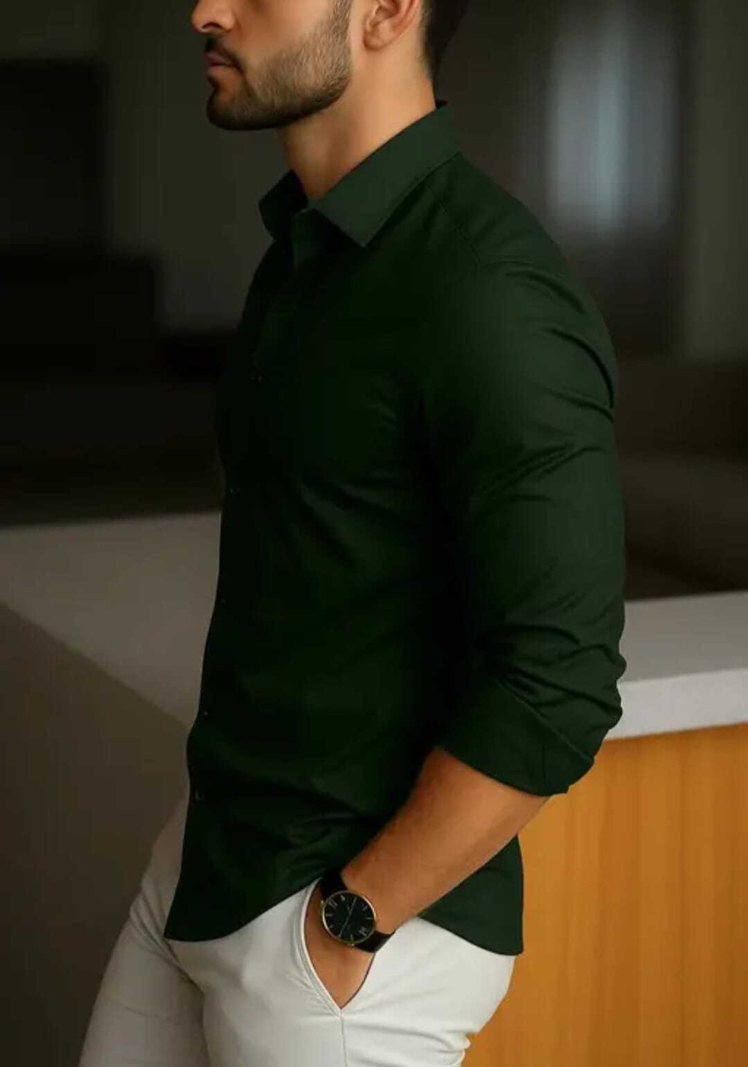 Image of FATTY MOUSE Men Solid Casual Dark Green Shirt