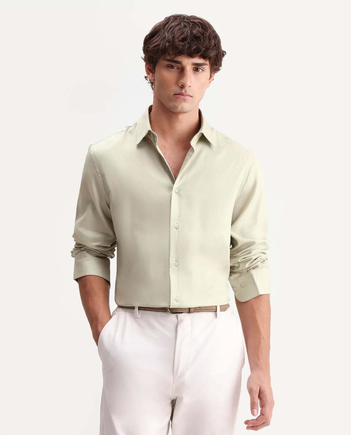 Image of RARE RABBIT Men Solid Casual Beige Shirt