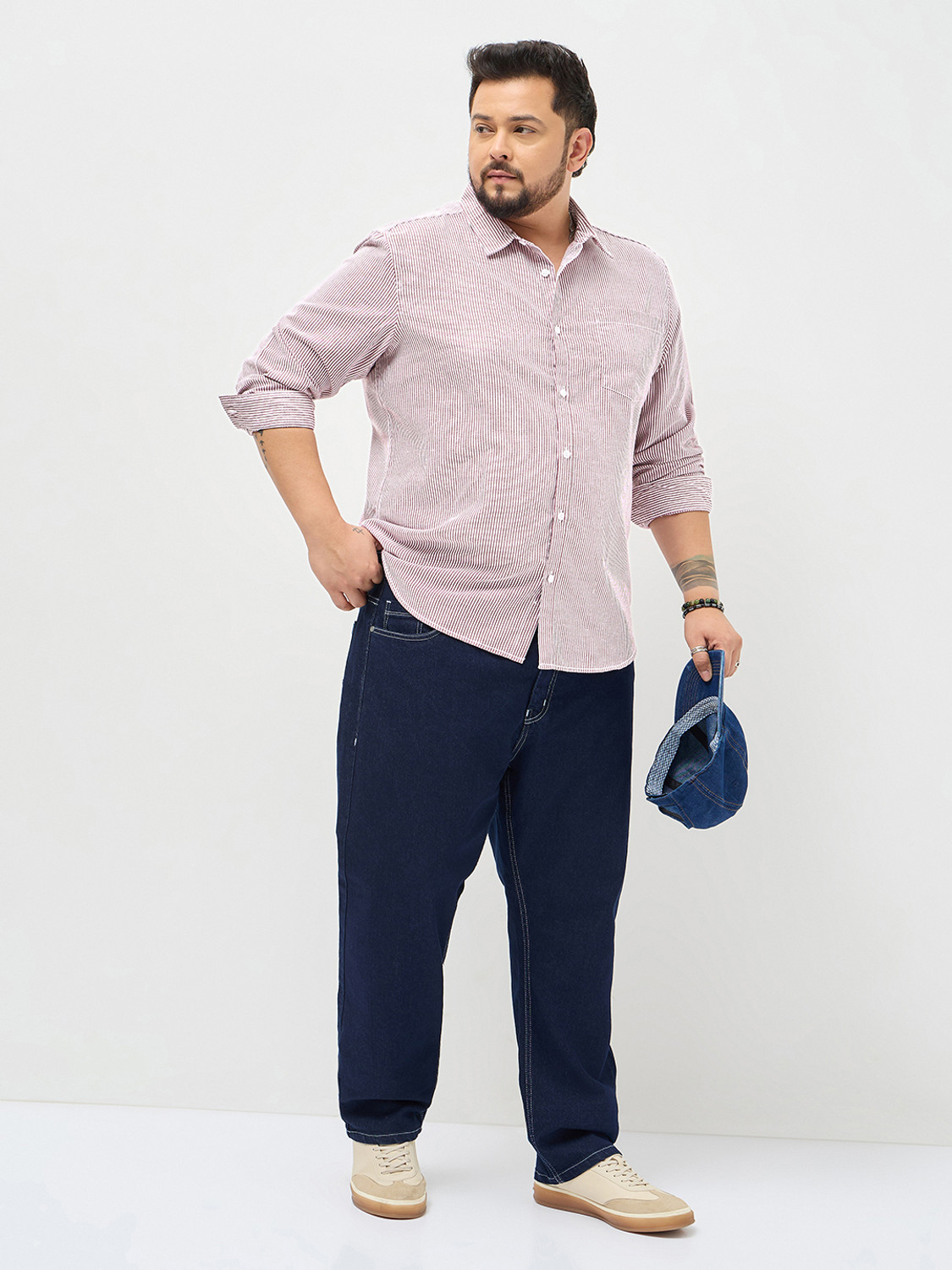 Image of Urbano Plus Men Striped Casual Maroon Shirt