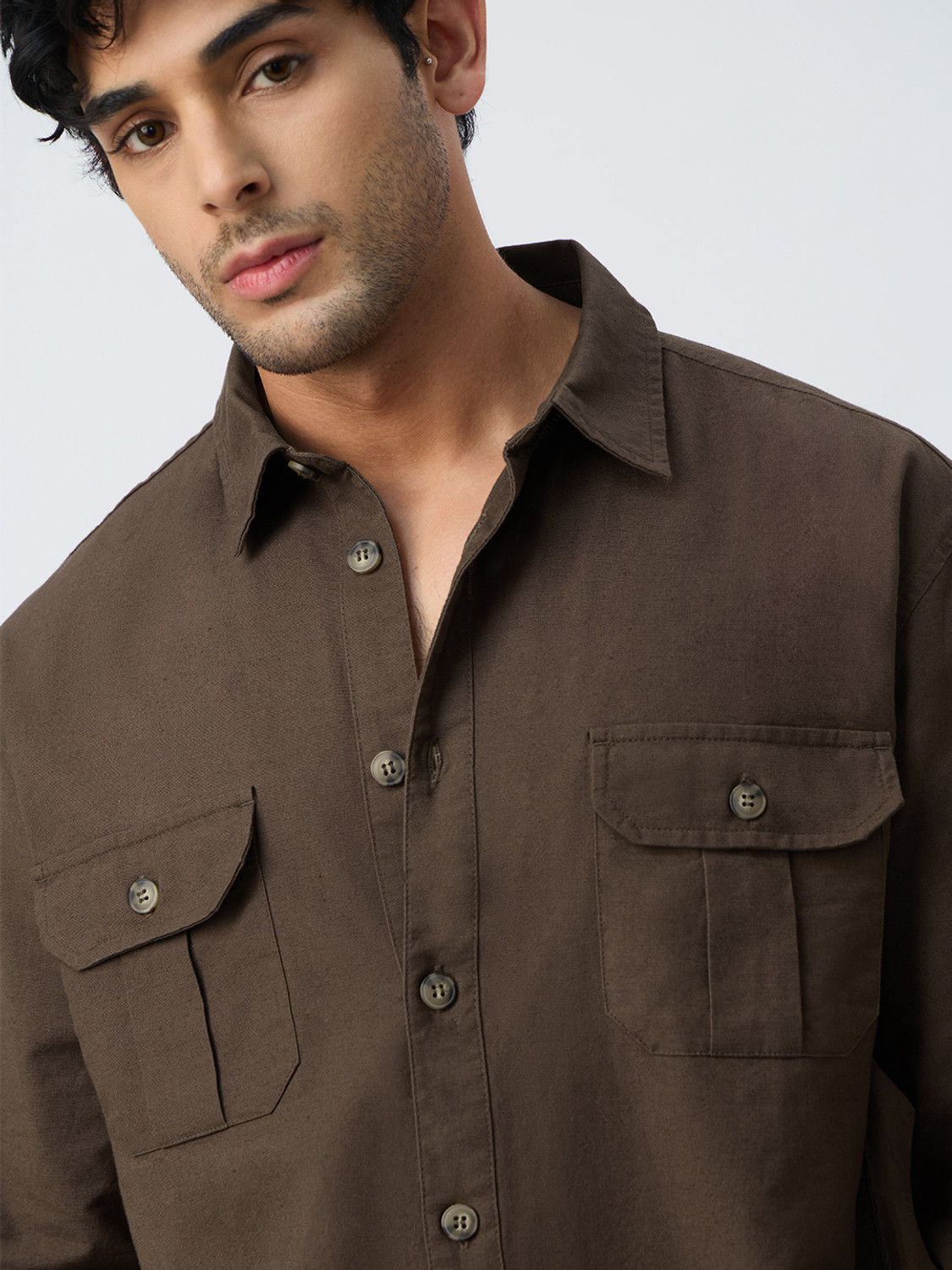 Image of The Souled Store Men Solid Casual Brown Shirt