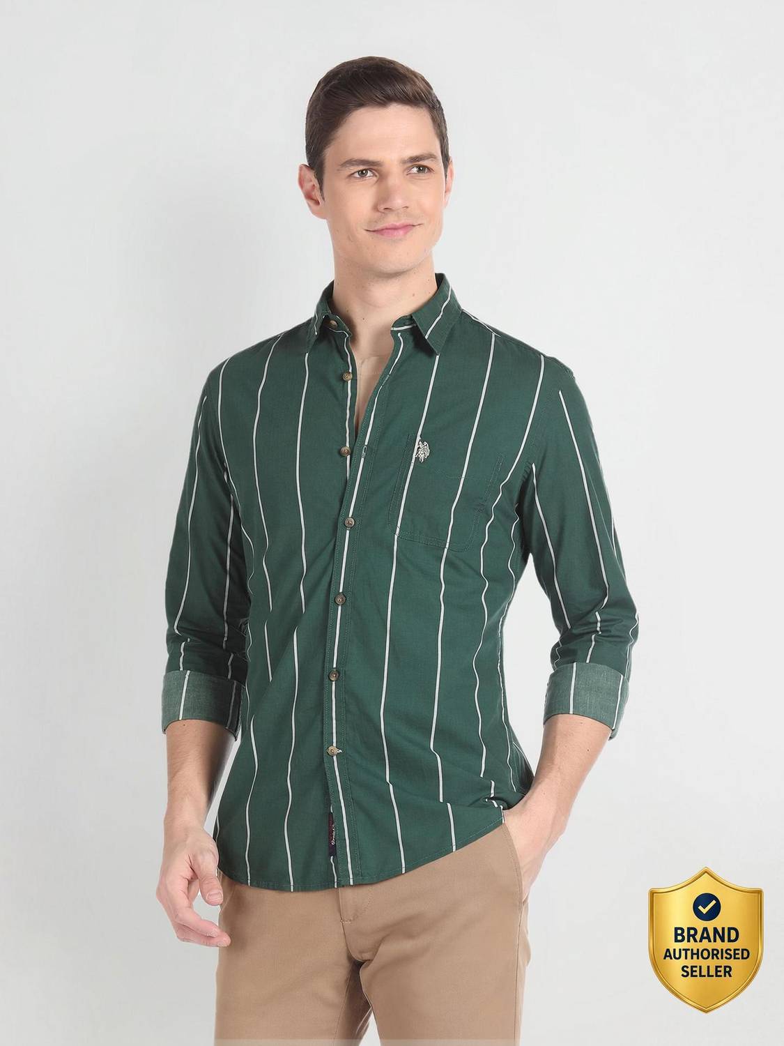 U.S. Polo Assn. Men Striped Casual Green Shirt - Image 1