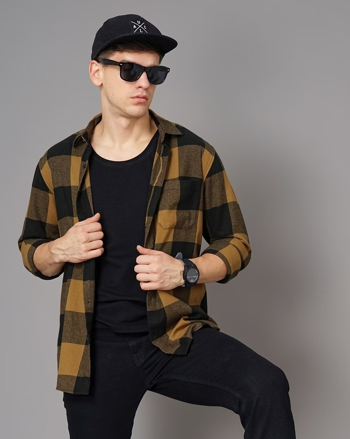 Image of British Club Men Checkered Casual Yellow, Black Shirt