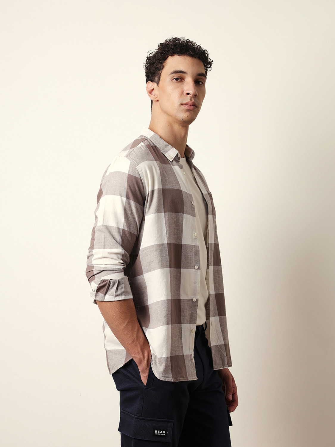 Image of THE BEAR HOUSE Men Checkered Casual Brown, White Shirt