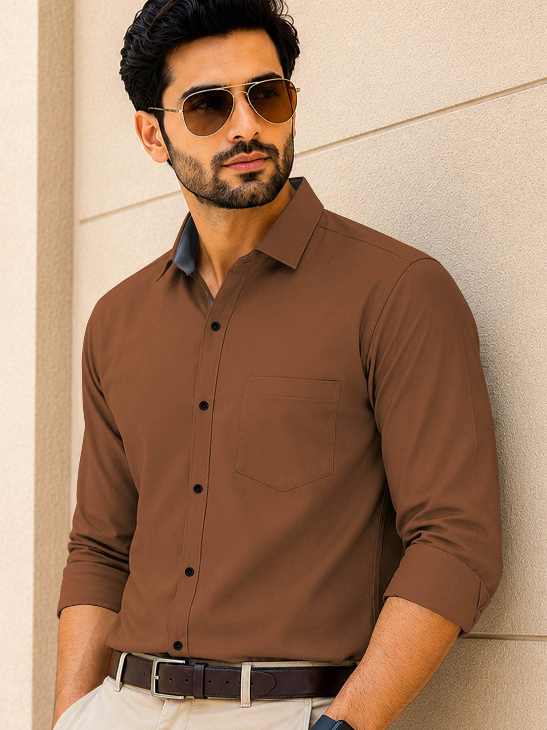 VeBNoR Men Solid Casual Brown Shirt - Image 1