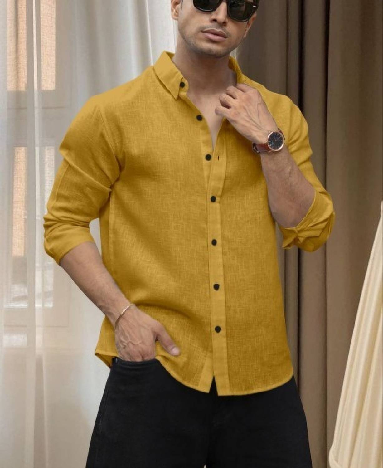 AANKLAR Men Solid Casual Yellow Shirt