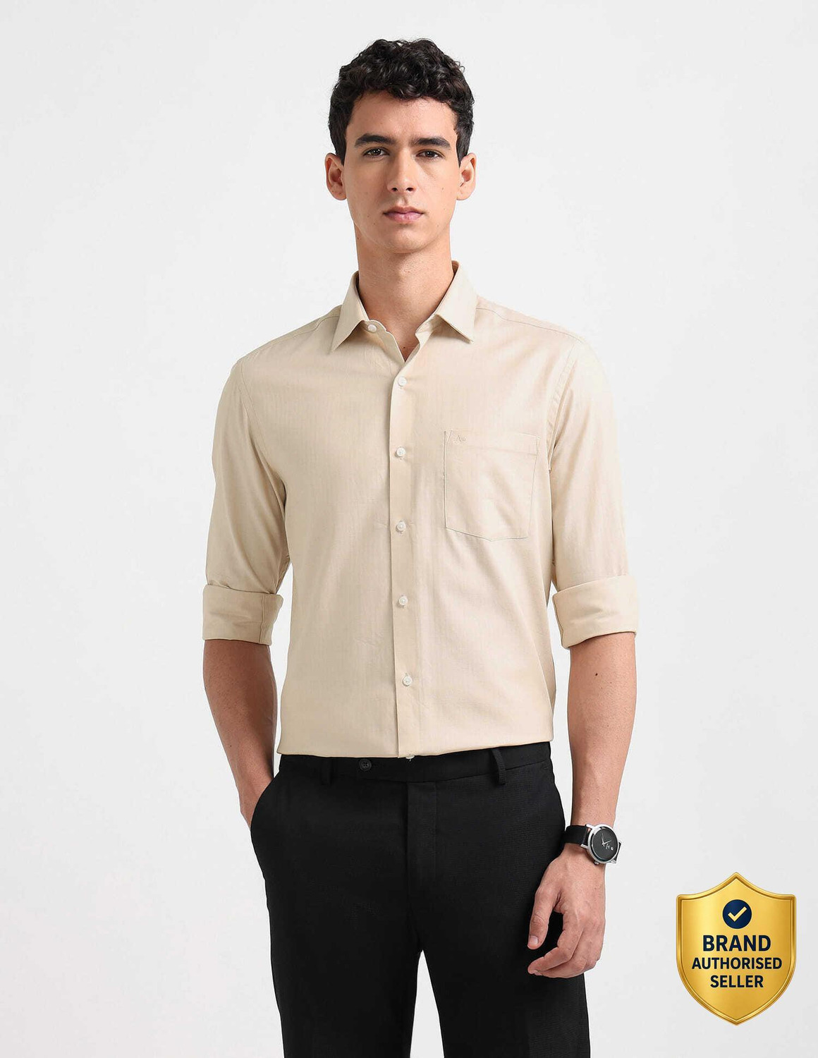 ARROW Men Self Design Formal Beige Shirt