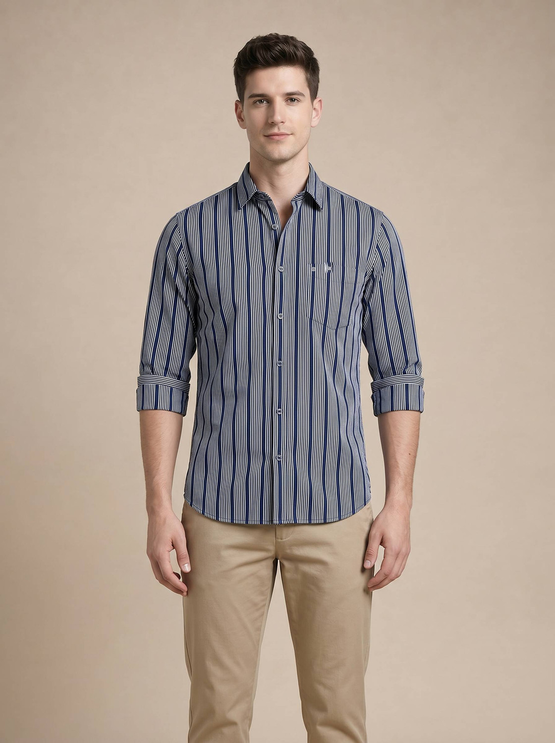 Image of TURTLE Men Striped Casual Dark Blue Shirt