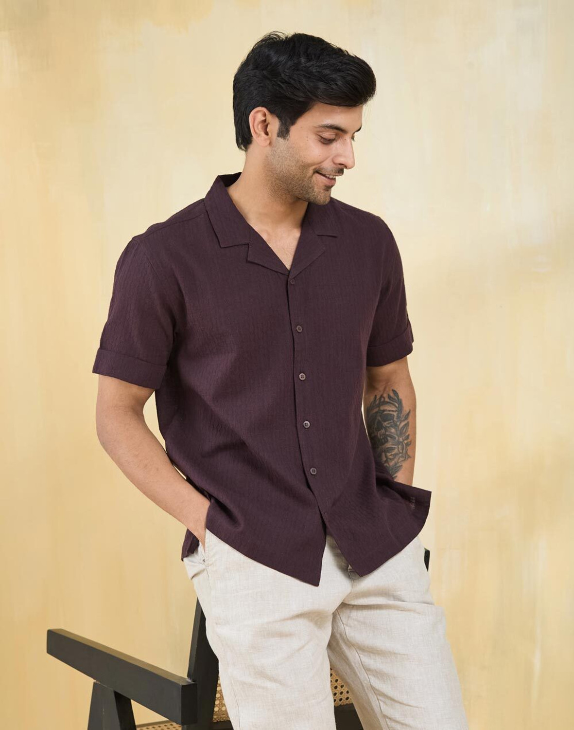 Image of Fabindia Men Solid Casual Maroon Shirt