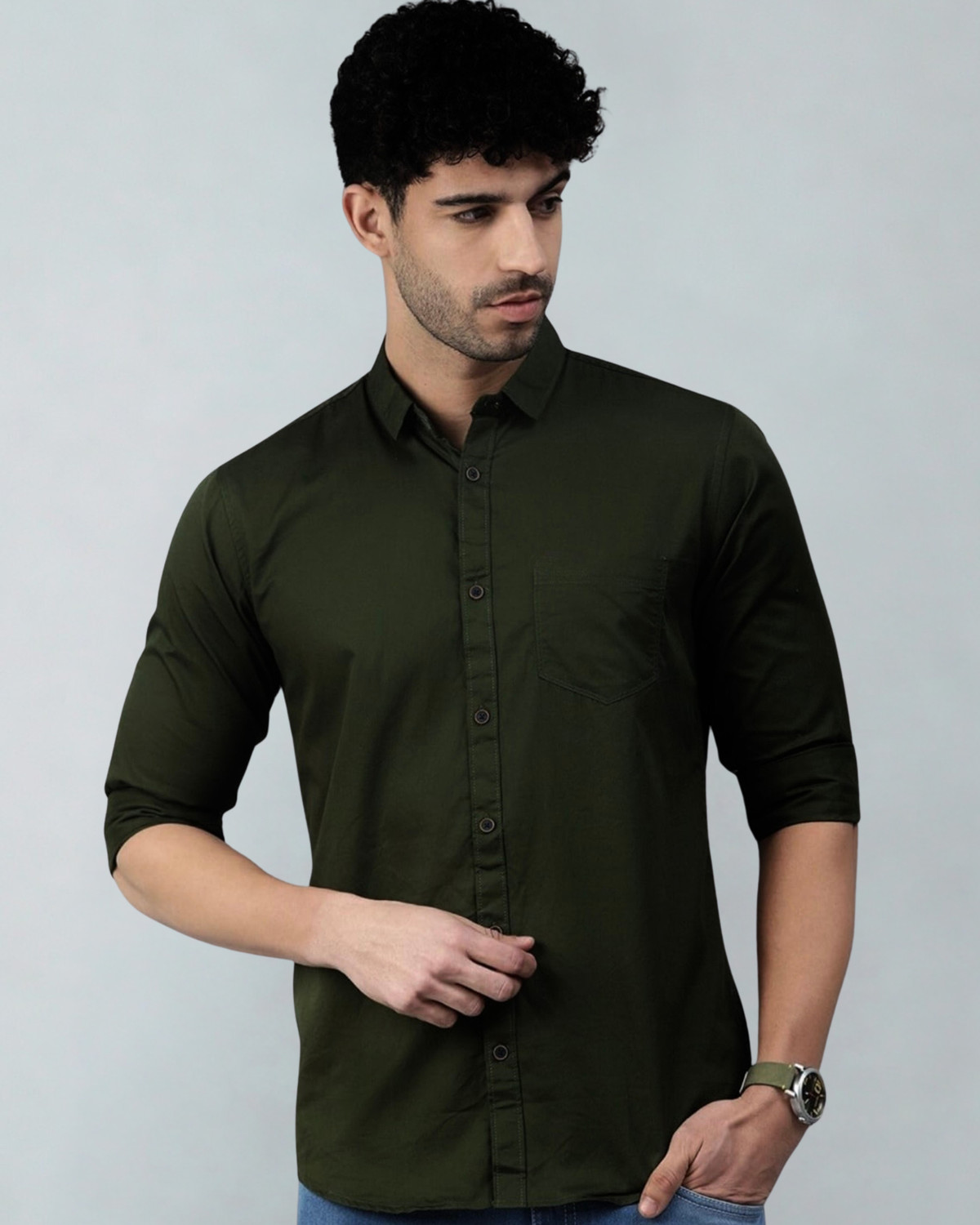 Image of nightscape Men Solid Casual Dark Green Shirt