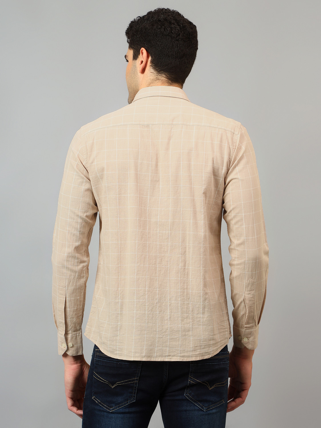 Image of CANTABIL Men Checkered Casual Beige Shirt