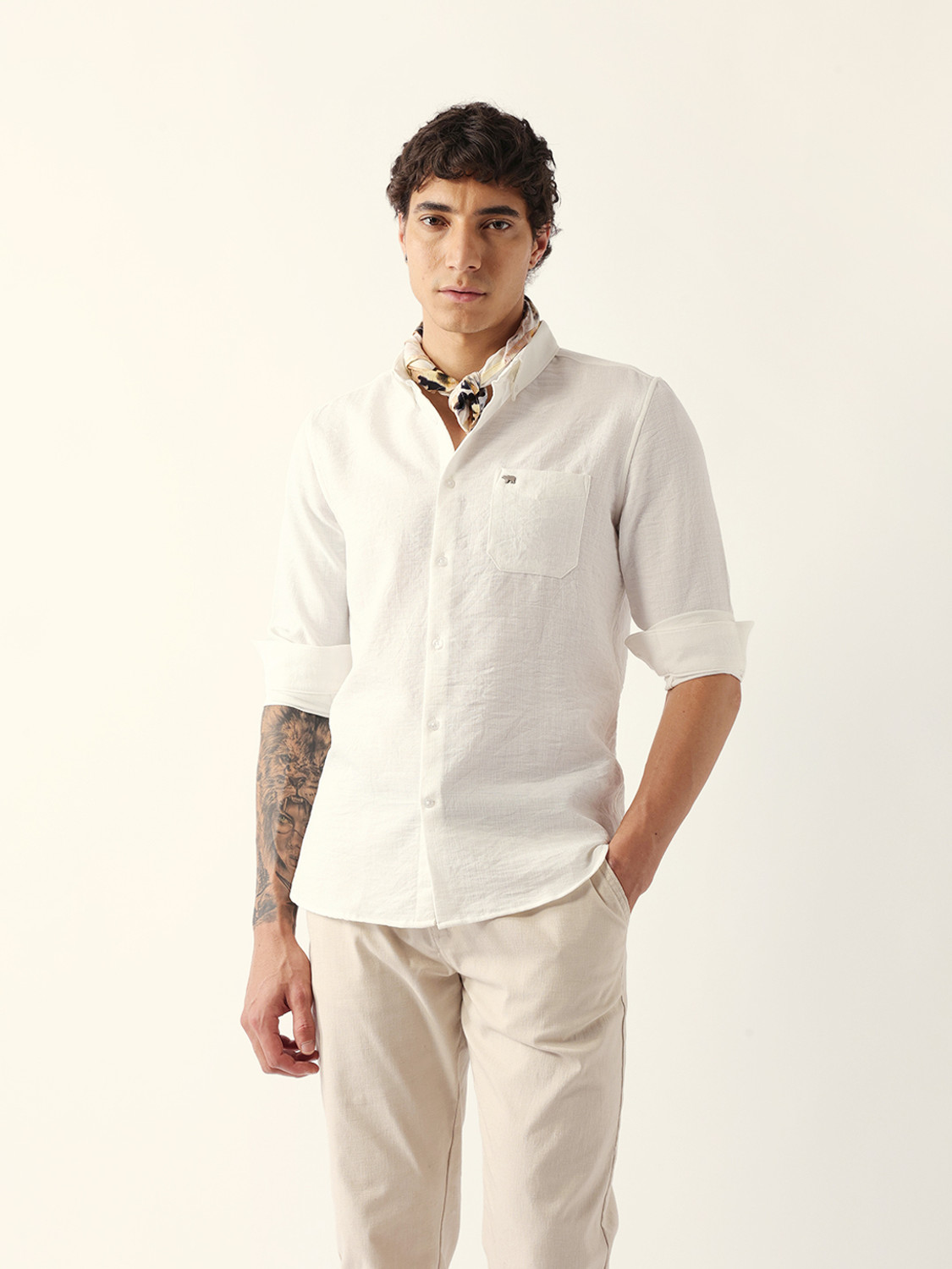 Image of THE BEAR HOUSE Men Self Design Casual White Shirt