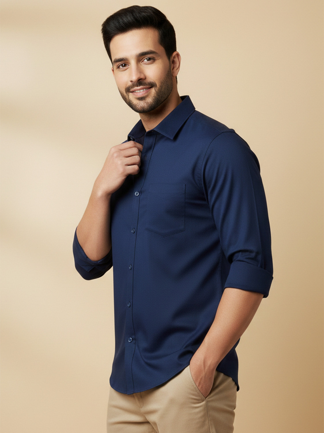 Image of METRONAUT Men Solid Casual Dark Blue Shirt