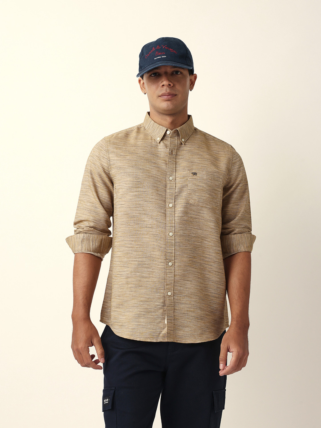 Image of THE BEAR HOUSE Men Self Design Casual Brown Shirt
