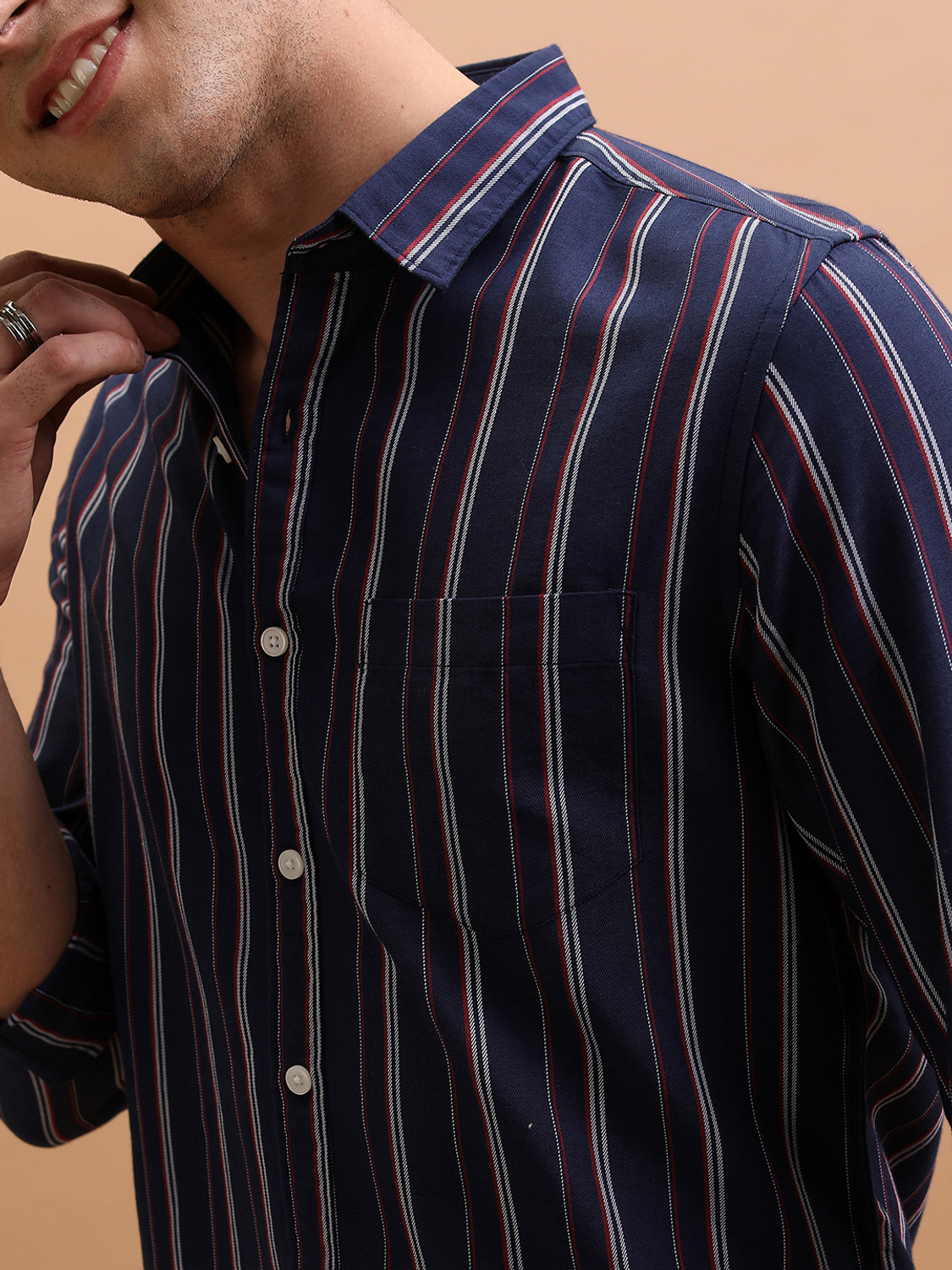 Image of HIGHLANDER Men Striped Casual Dark Blue, White, Red Shirt