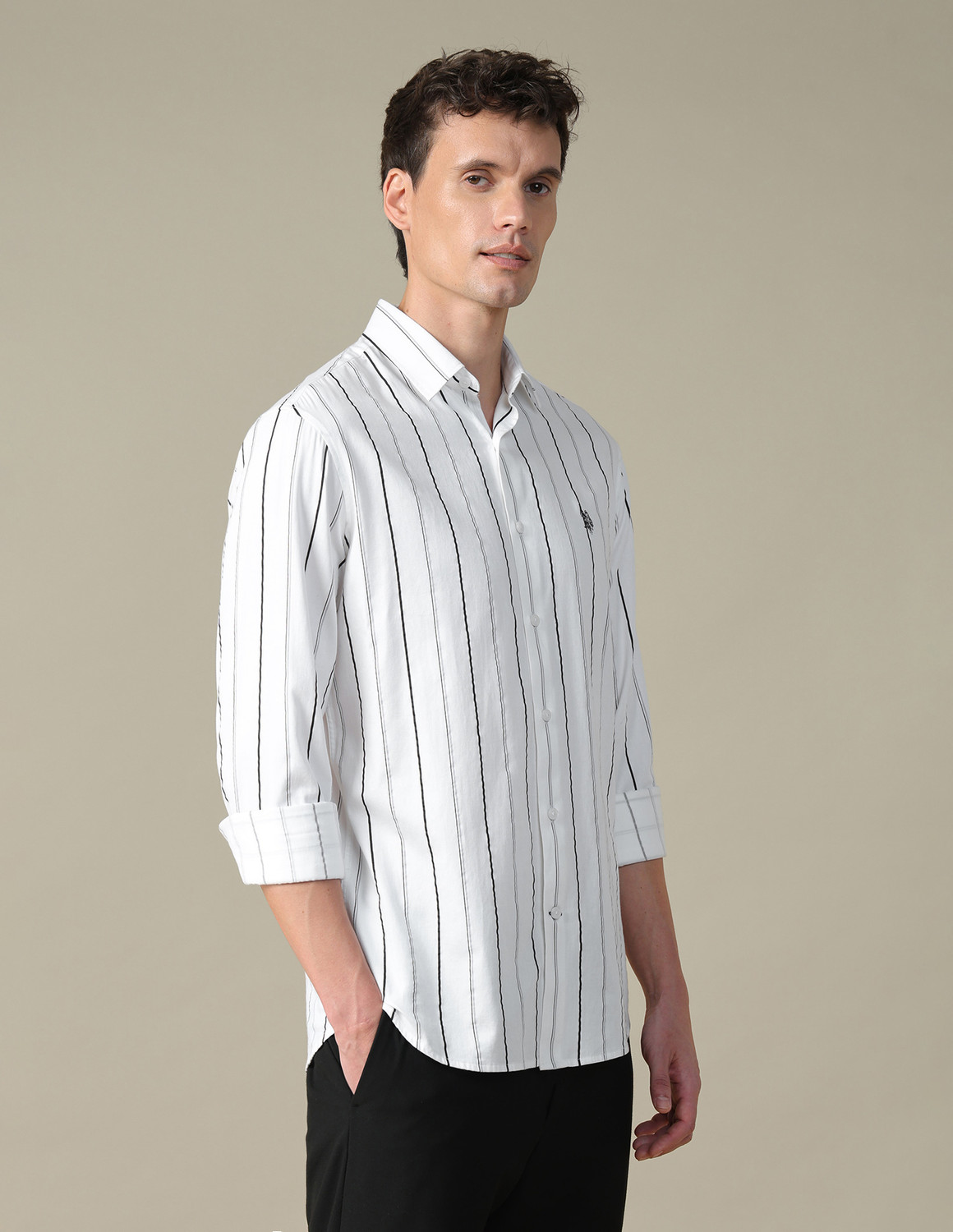 Image of U.S. POLO ASSN. Men Tailored Fit Striped Spread Collar Casual Shirt