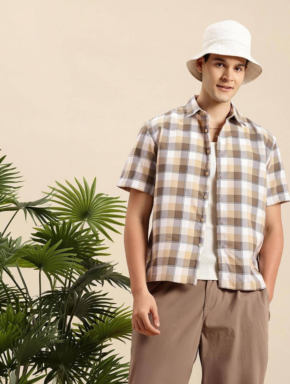 Mast & Harbour Men Checkered Casual Beige Shirt
