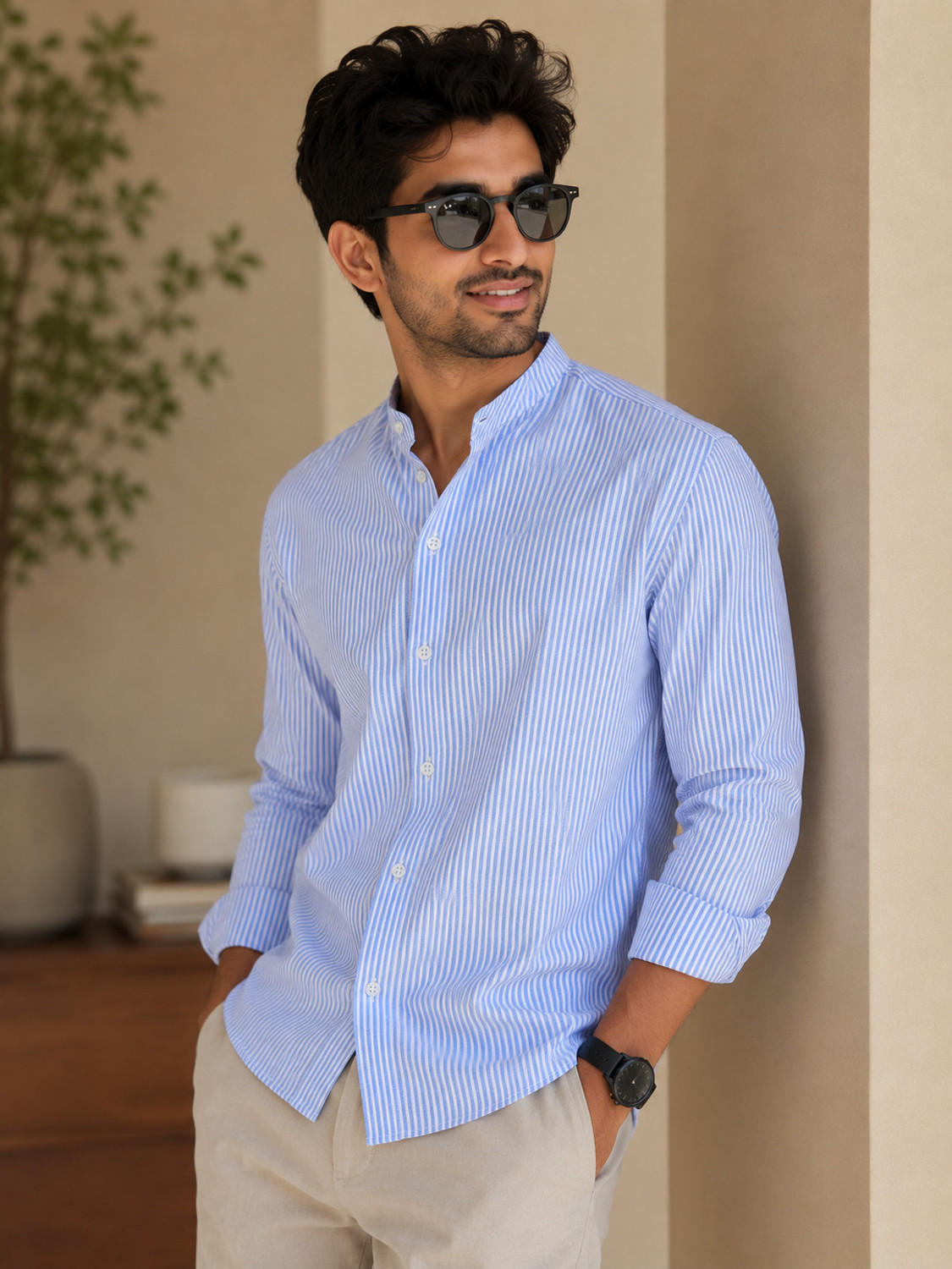 Image of ManlyAttire Men Striped Casual Blue Shirt