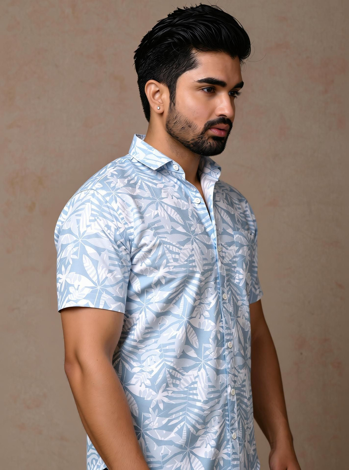 Image of Dargon Men Floral Print Casual Light Blue Shirt