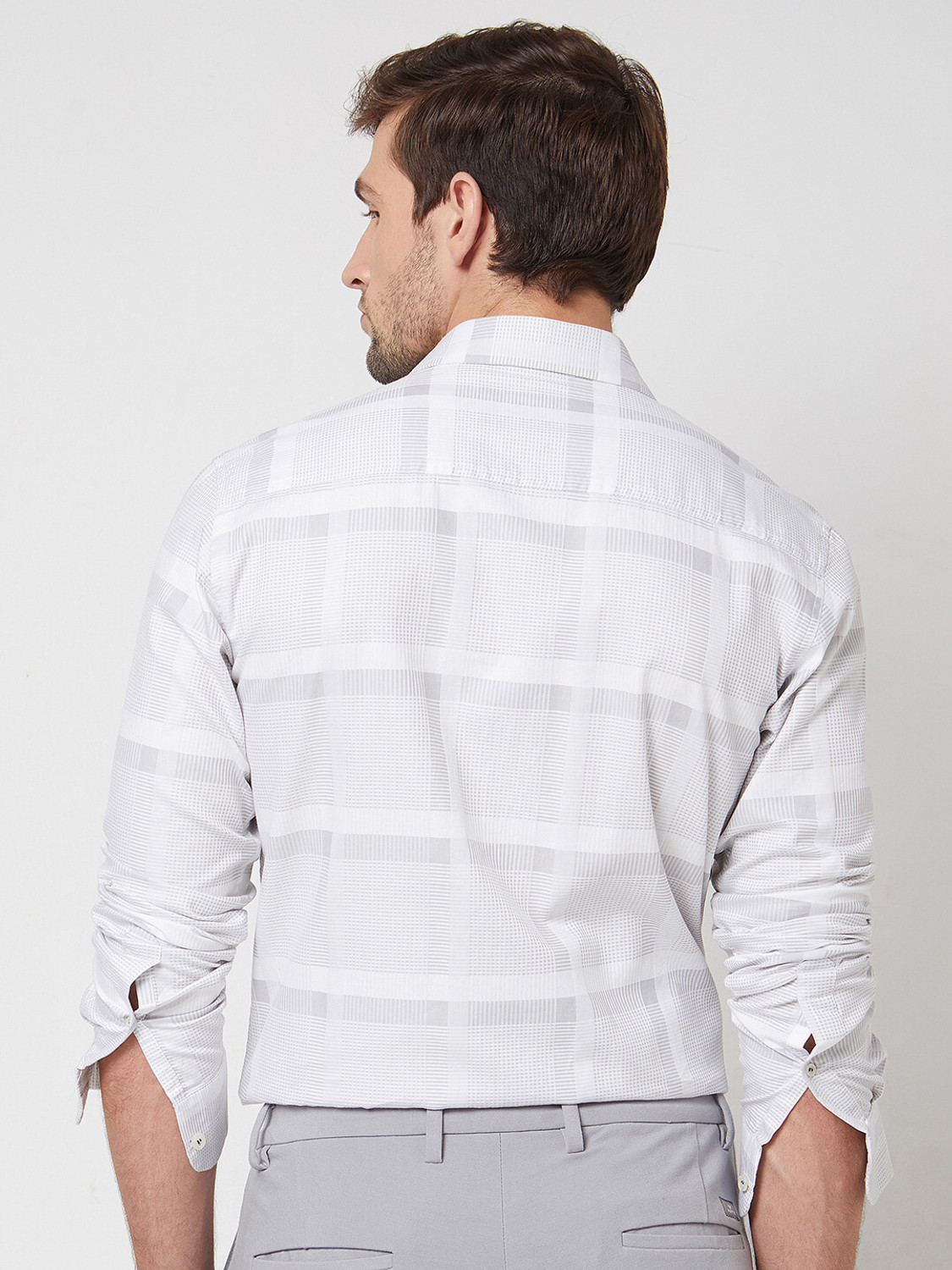 Image of MUFTI Men Checkered Casual Grey, White Shirt
