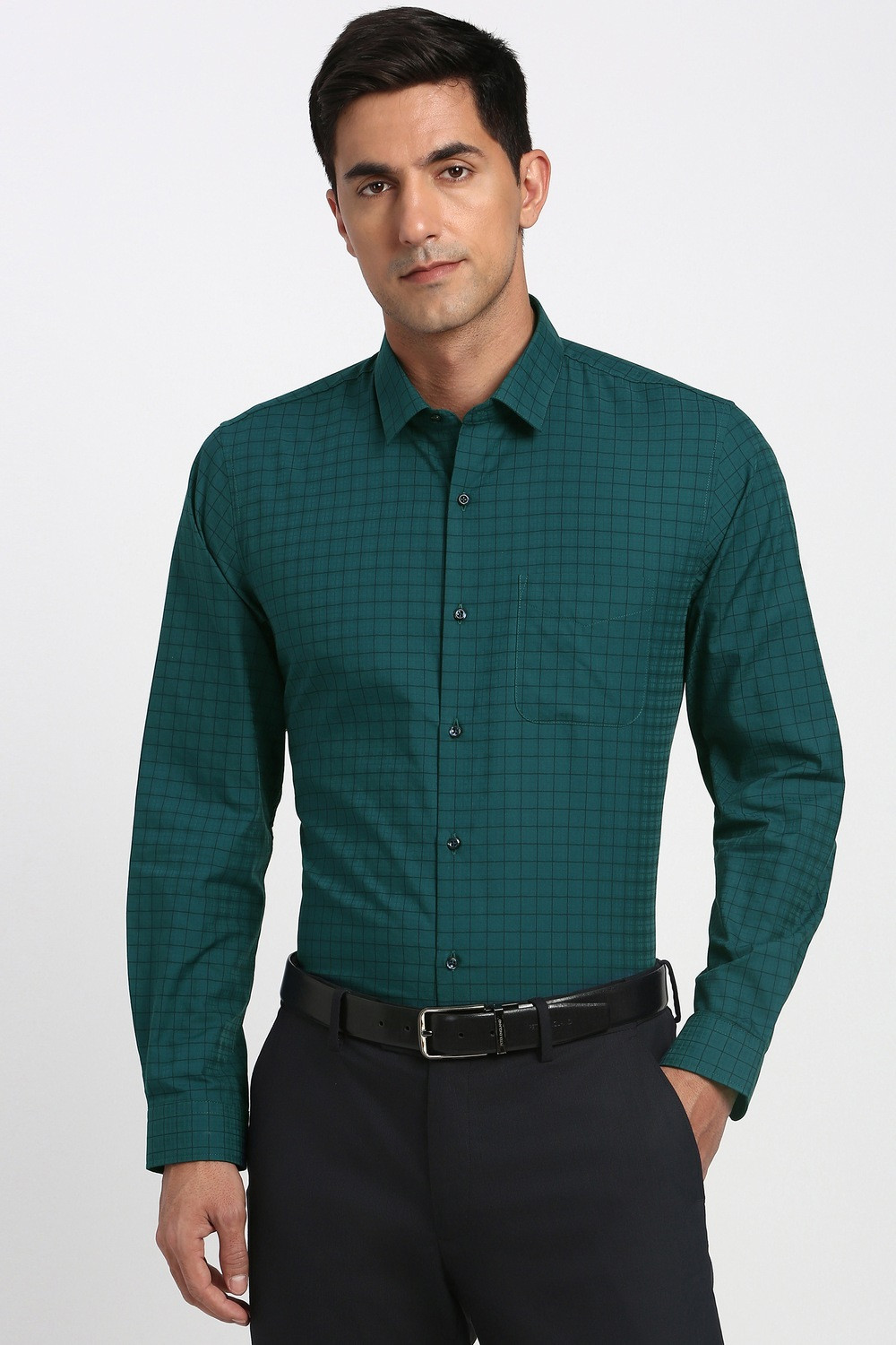 Image of PETER ENGLAND Men Checkered Formal Green Shirt