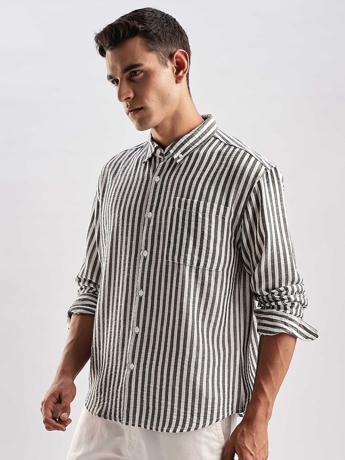 Image of HERE&NOW Men Striped Casual Grey Shirt