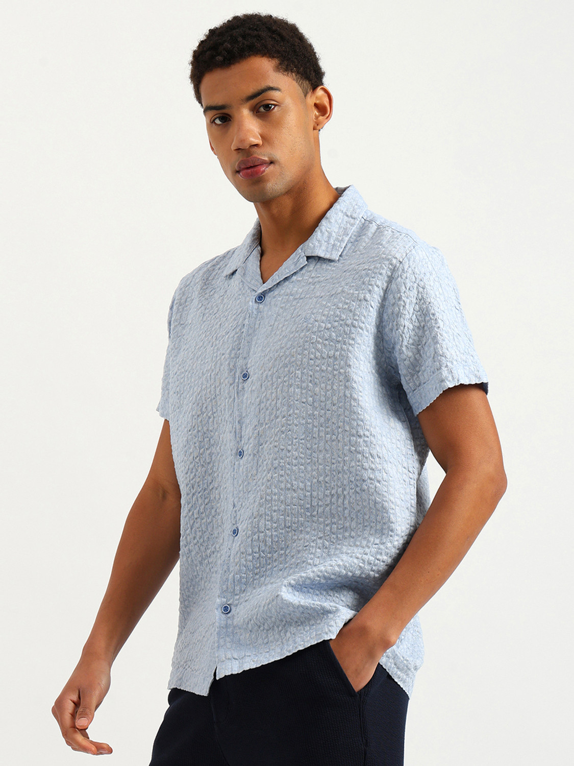 Image of United Colors of Benetton Men Self Design Casual Blue Shirt