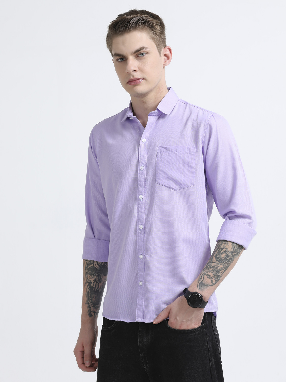 Image of RESERIO Men Solid Casual Purple Shirt