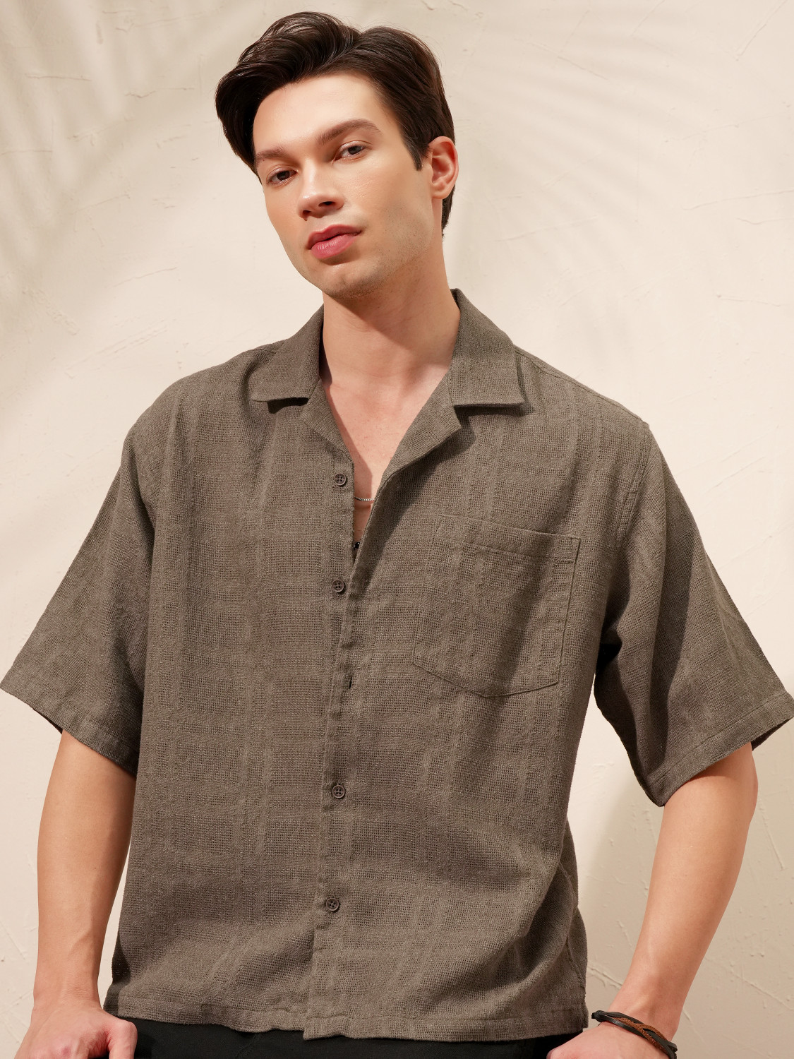 Image of HIGHLANDER Men Self Design Casual Brown Shirt