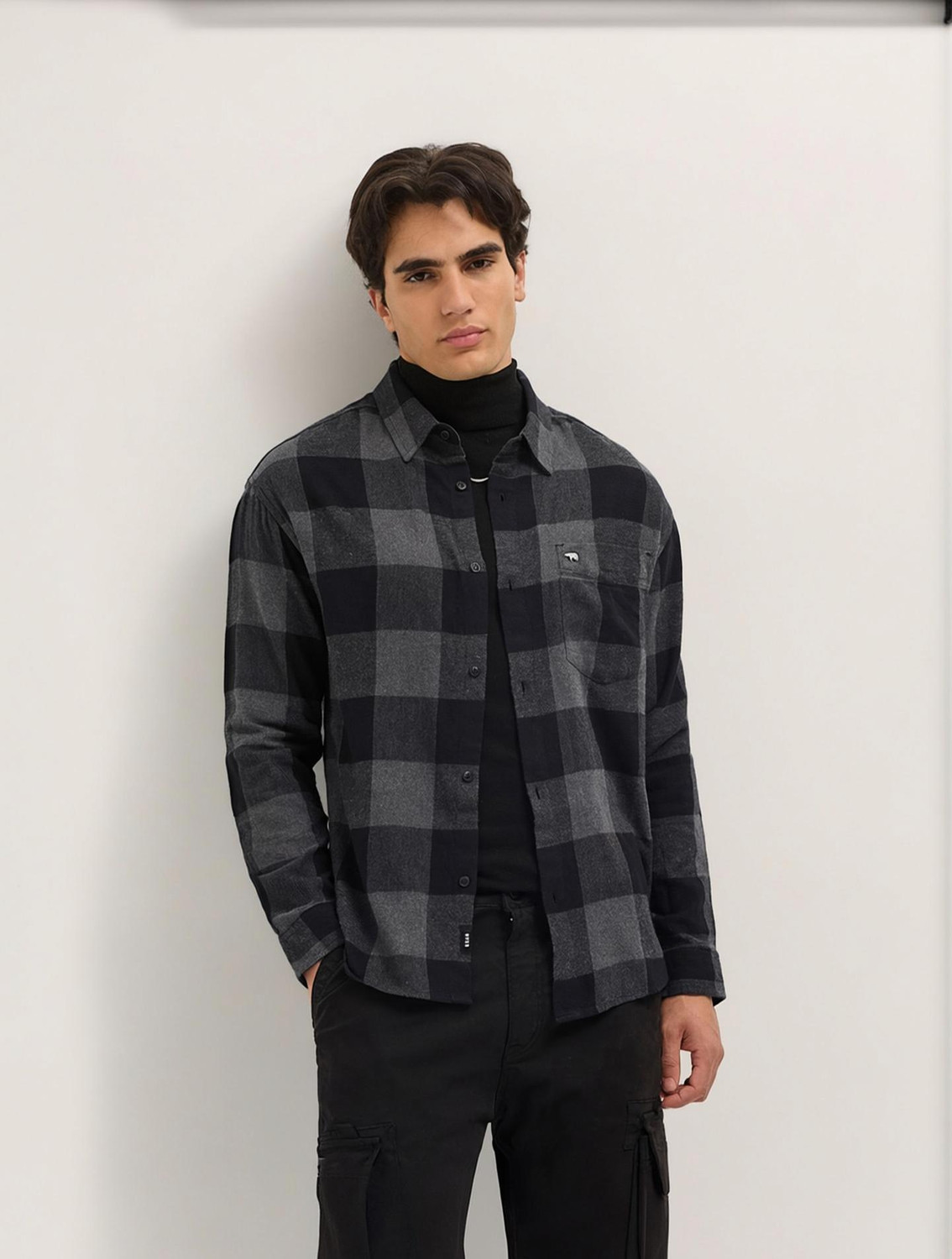 Image of THE BEAR HOUSE Men Checkered Casual Black Shirt