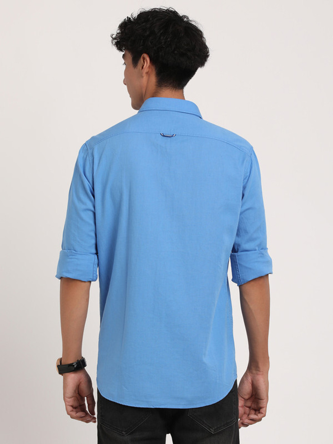 Image of TURTLE Men Solid Casual Blue Shirt