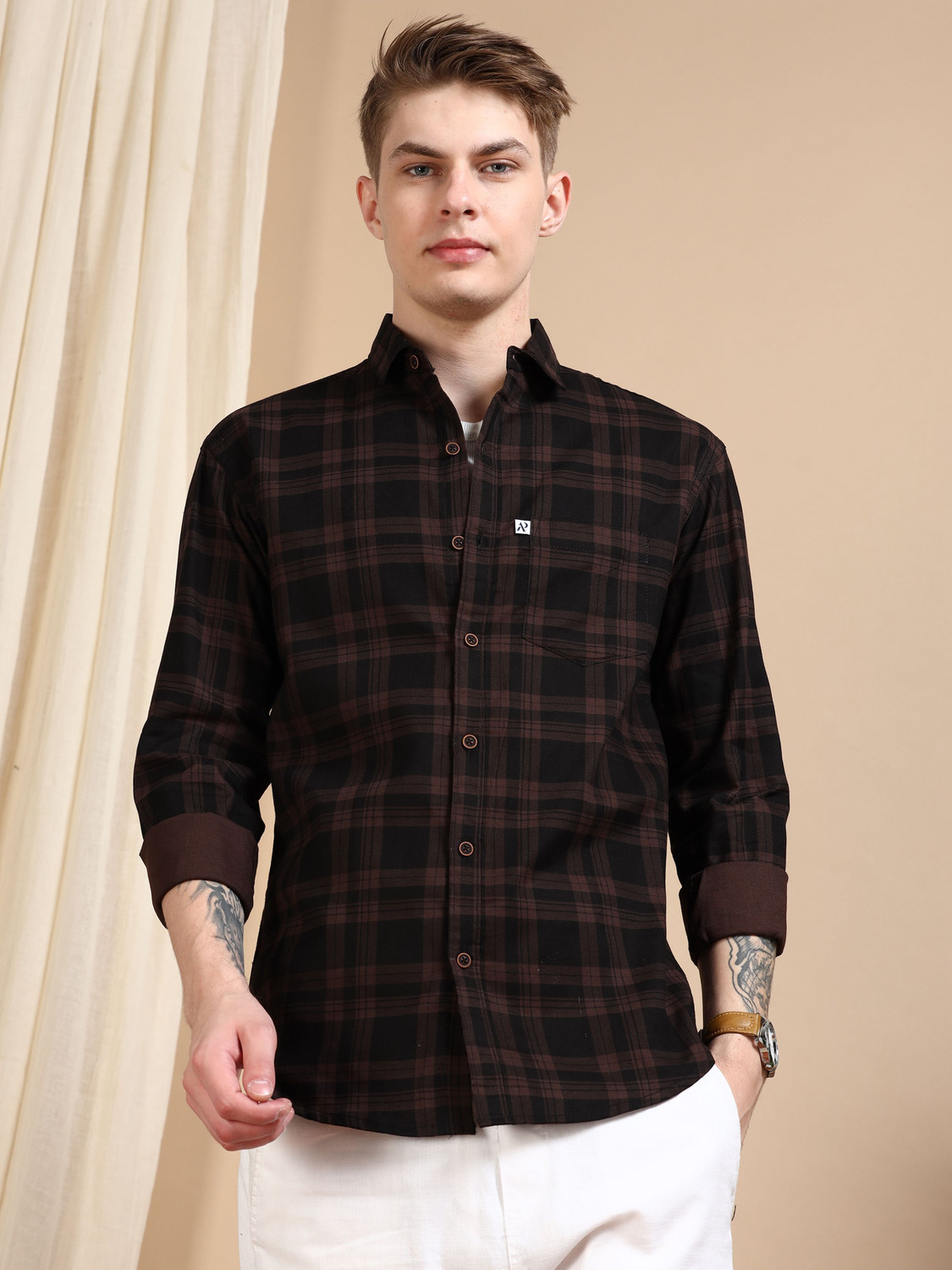 Image of ALLWIN PAUL Men Checkered Casual Brown Shirt