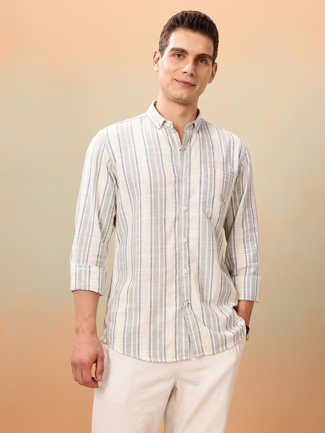 Image of Mast & Harbour Men Striped Casual White Shirt
