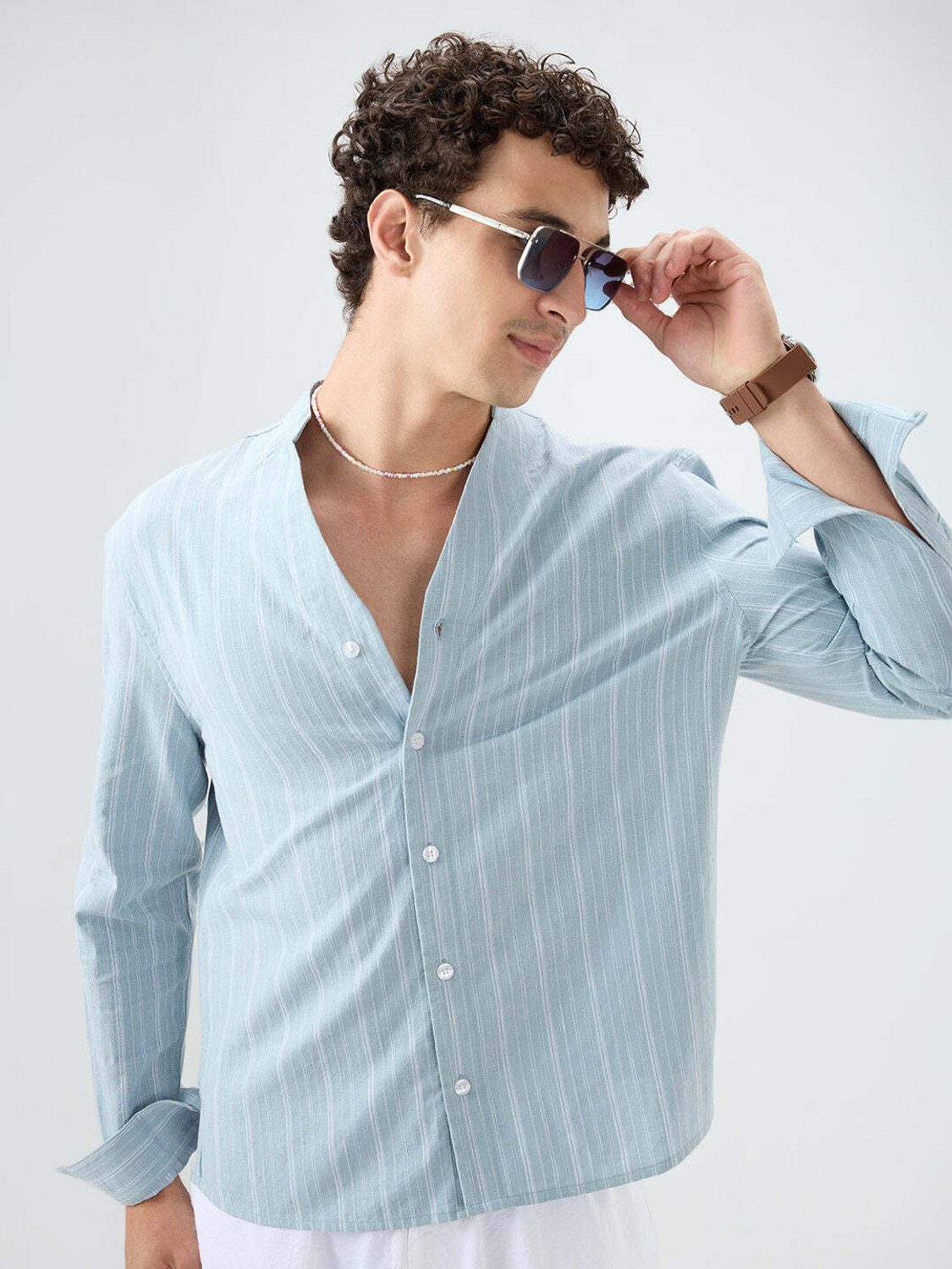 Image of VASTRADO Men Regular Fit Striped Collarless Collar Casual Shirt