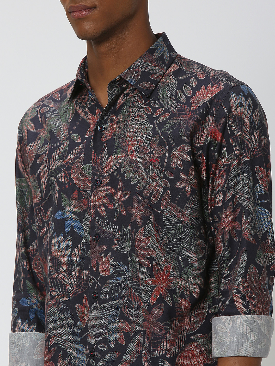 Image of MUFTI Men Floral Print Casual Dark Blue Shirt