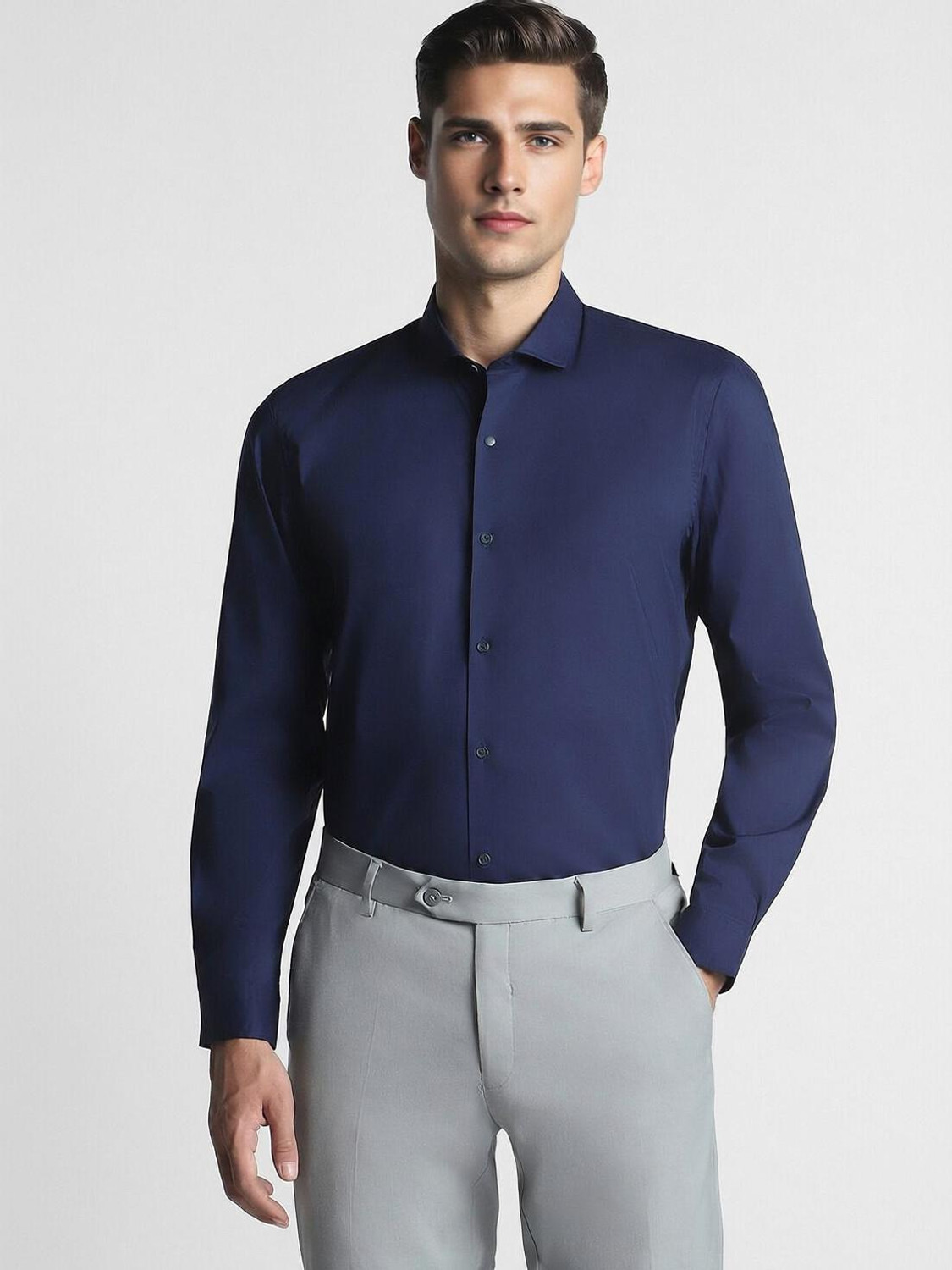 Image of PETER ENGLAND Men Solid Casual Dark Blue Shirt