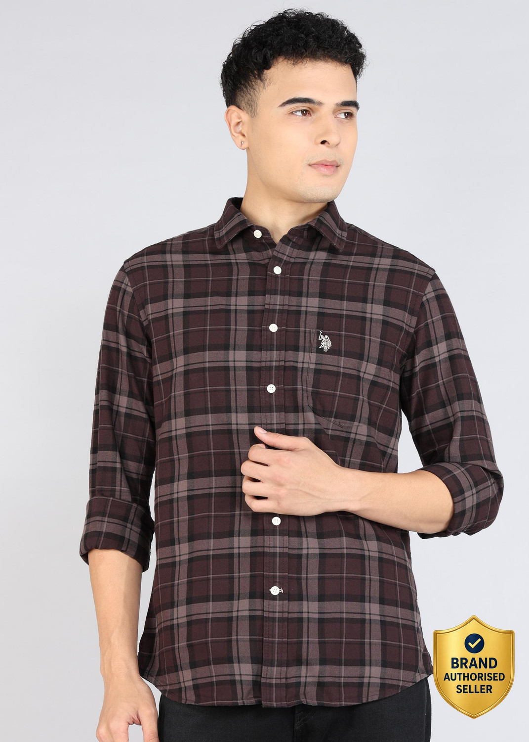 Image of U.S. POLO ASSN. Men Checkered Casual Brown Shirt