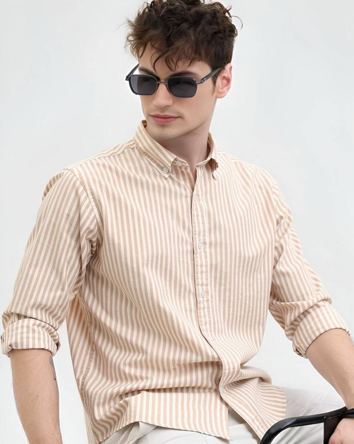 RODEIZ Men Striped Casual Beige Shirt - Image 1