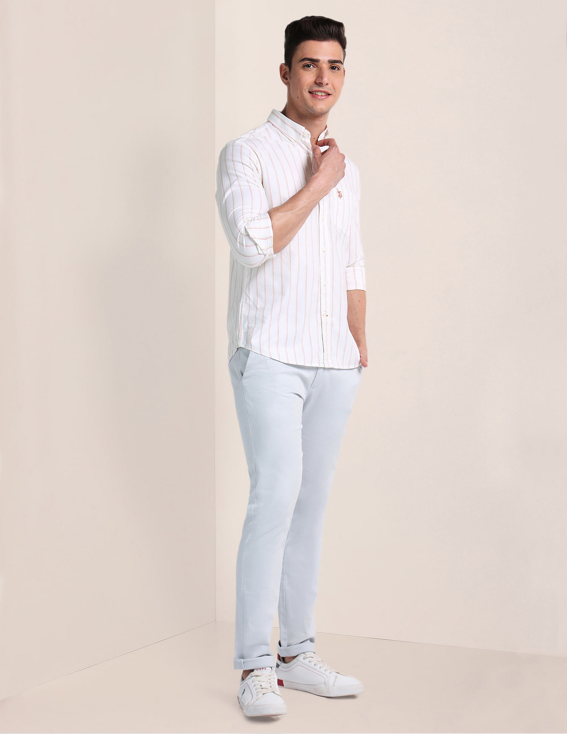 Image of U.S. POLO ASSN. Men Striped Casual White Shirt