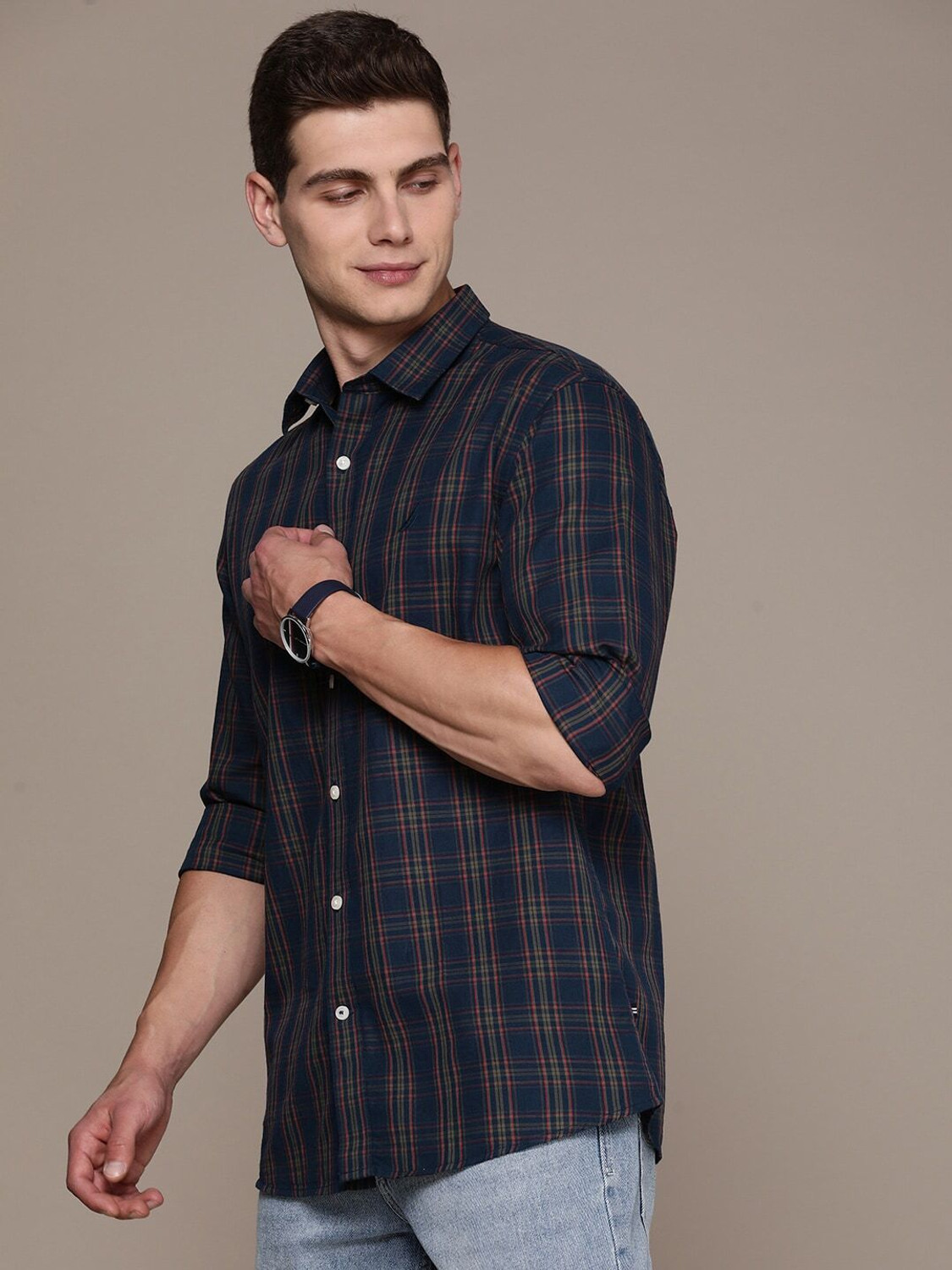 Image of NAUTICA Men Checkered Casual Dark Blue, Yellow, Red Shirt