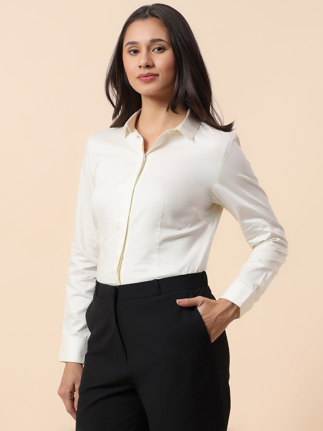 Image of CANTABIL Women Solid Formal White Shirt