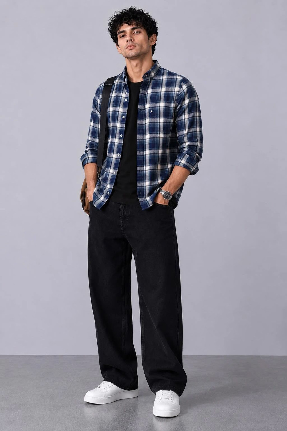 Image of Xkind Men Checkered Casual Dark Blue Shirt