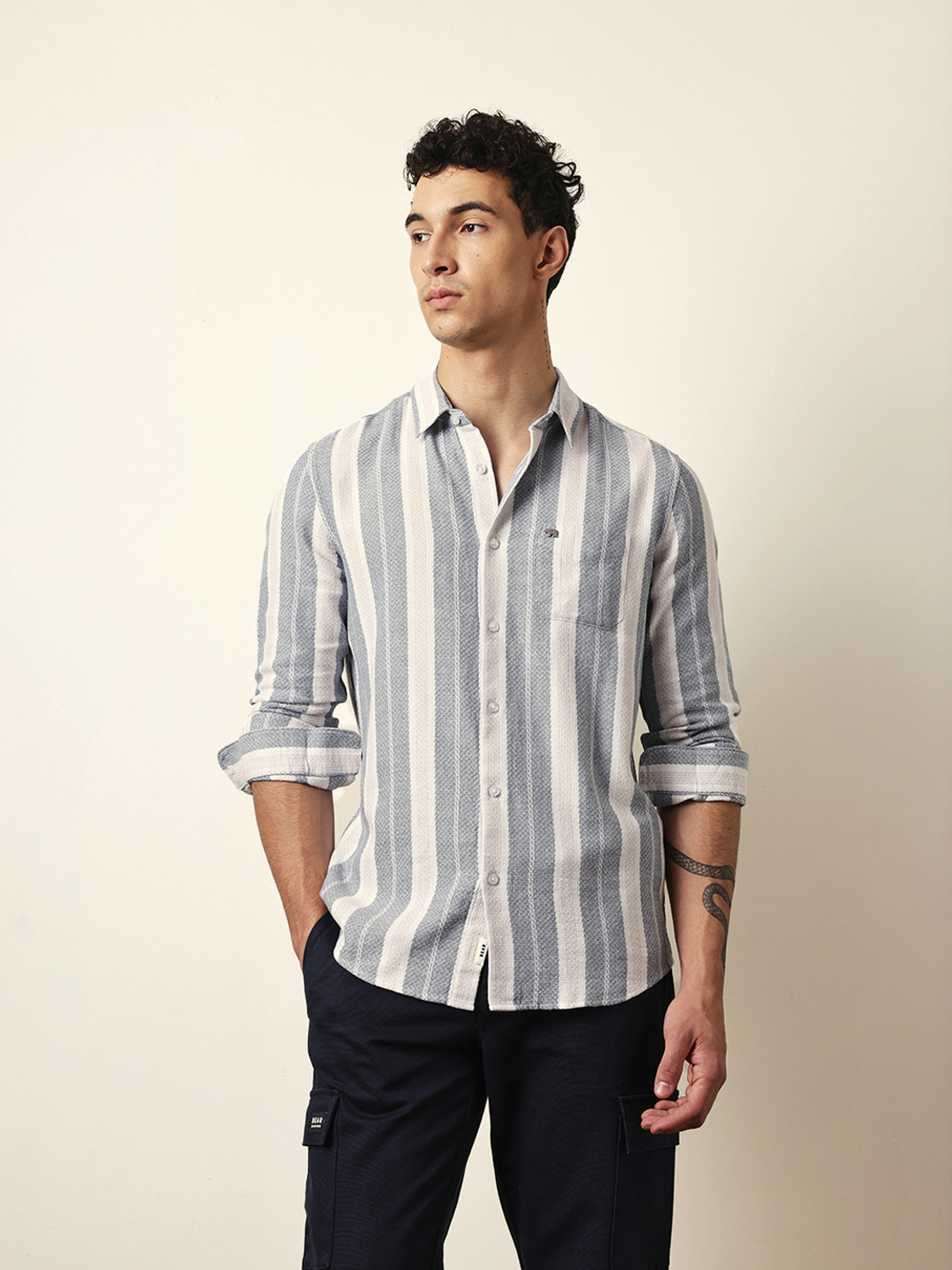 Image of THE BEAR HOUSE Men Striped Casual Grey, White Shirt