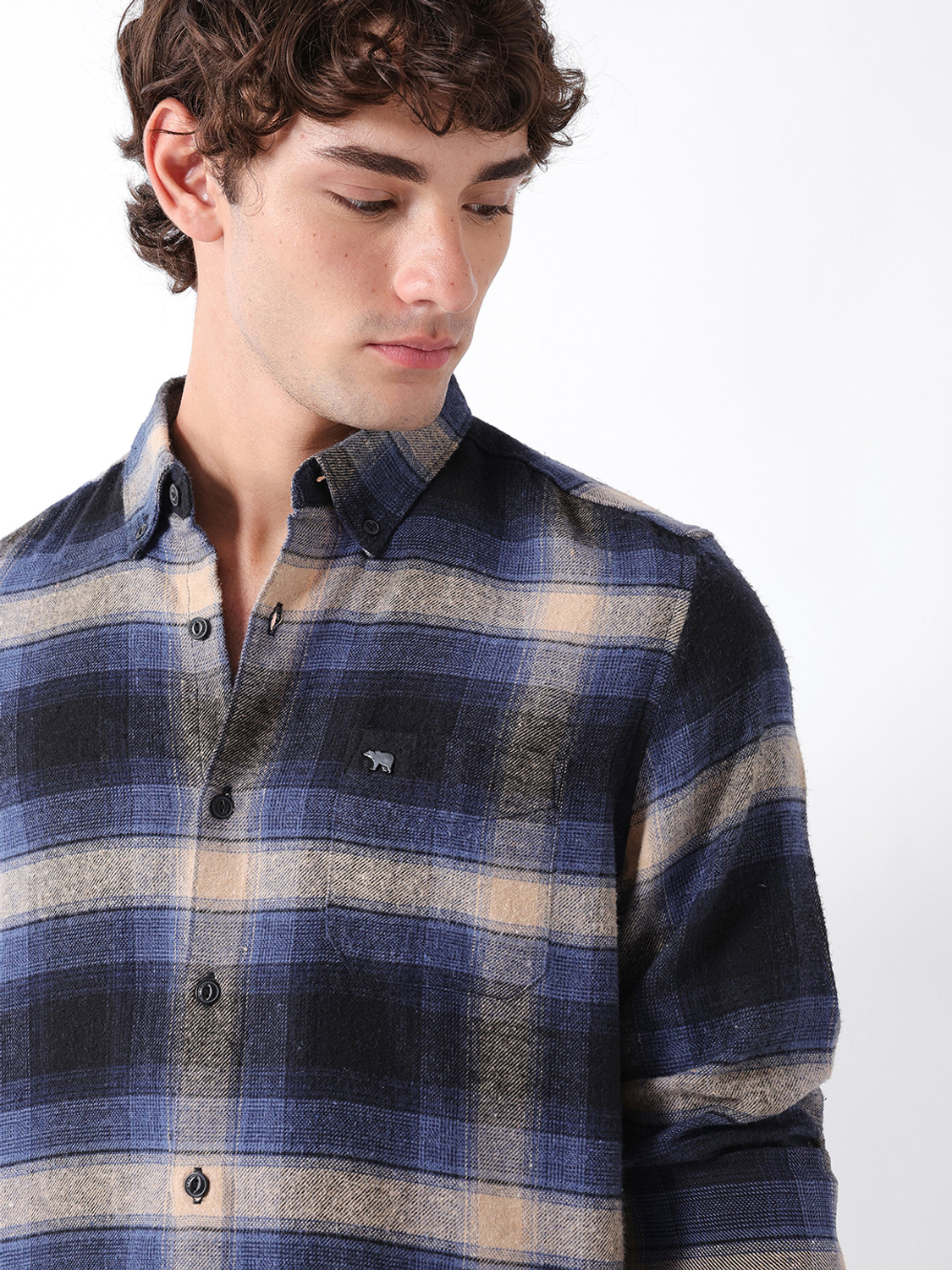 Image of THE BEAR HOUSE Men Checkered Casual Blue Shirt