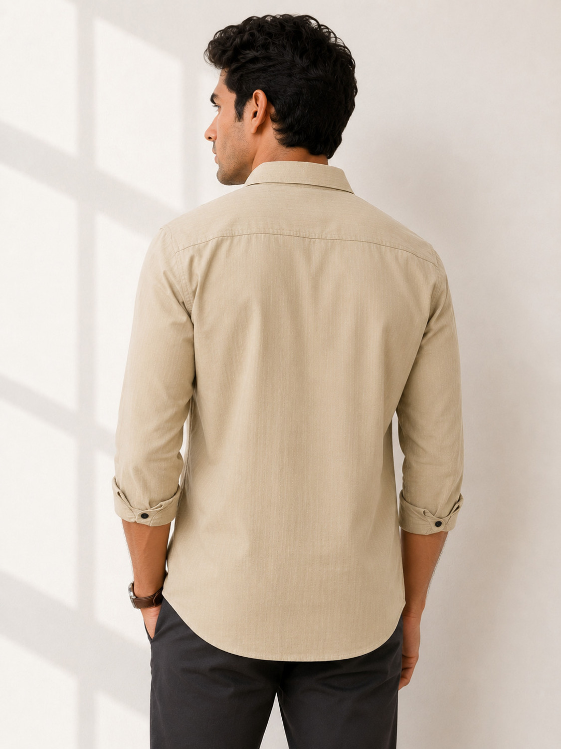 Image of Lyphy Men Solid Casual Beige Shirt