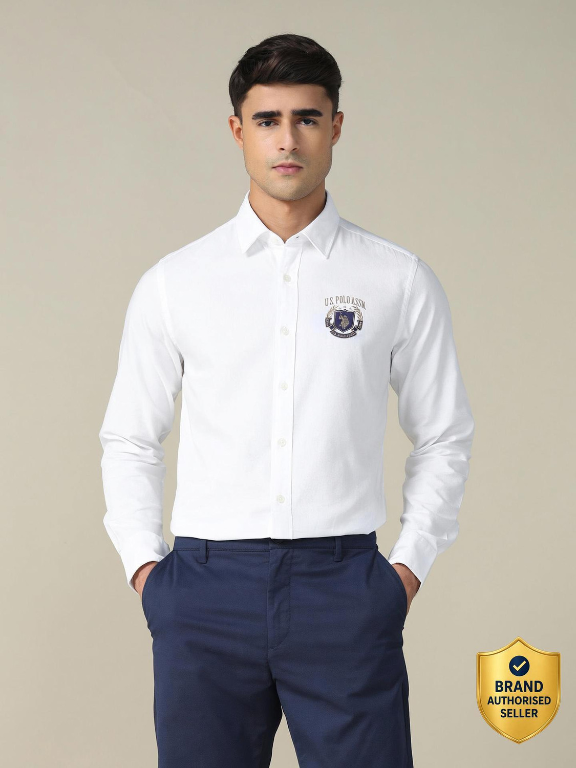 Image of U.S. POLO ASSN. Men Solid, Printed Casual White Shirt
