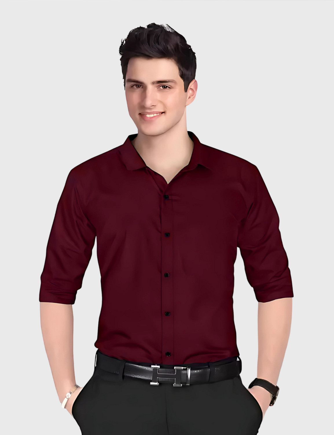 Image of EVIQE Men Solid Formal Maroon Shirt