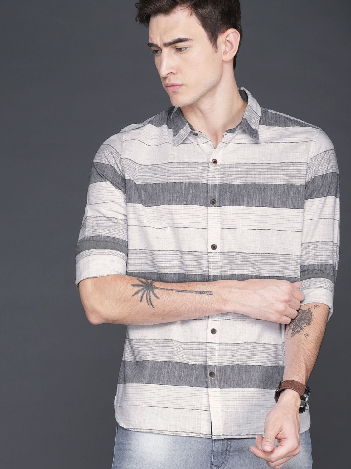 Image of WROGN Men Striped Casual White, Grey Shirt