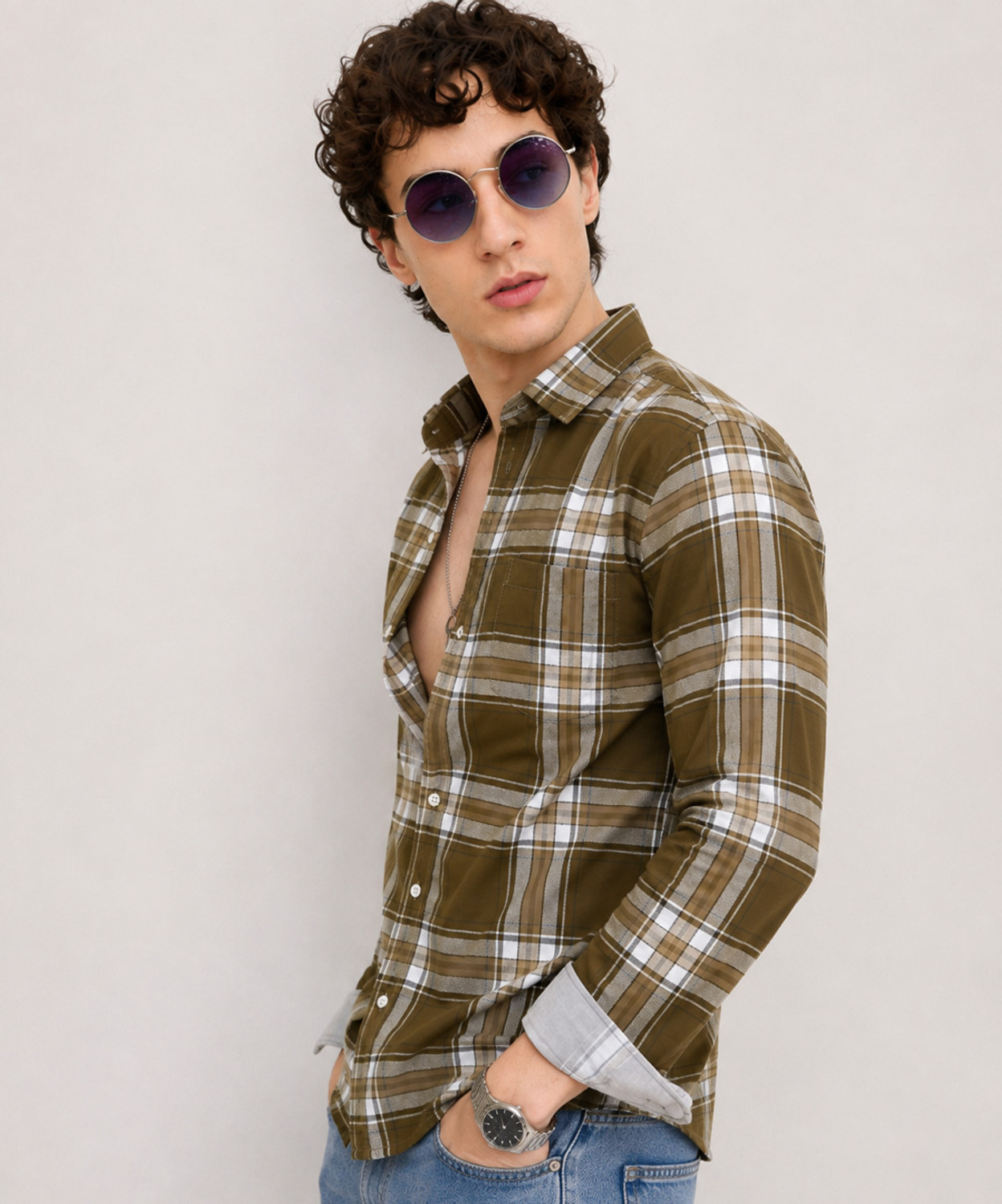 Image of Roadster Men Checkered Casual Green, White, Brown Shirt