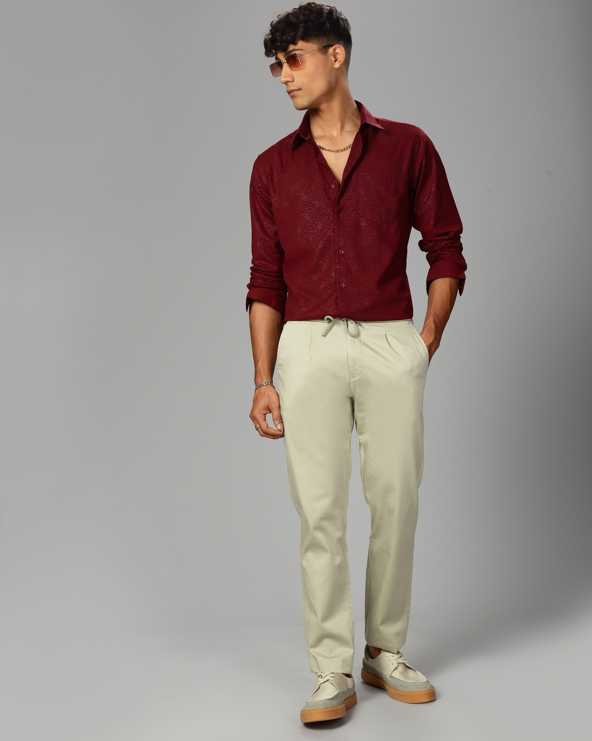 Image of British Club Men Floral Print Casual Maroon Shirt