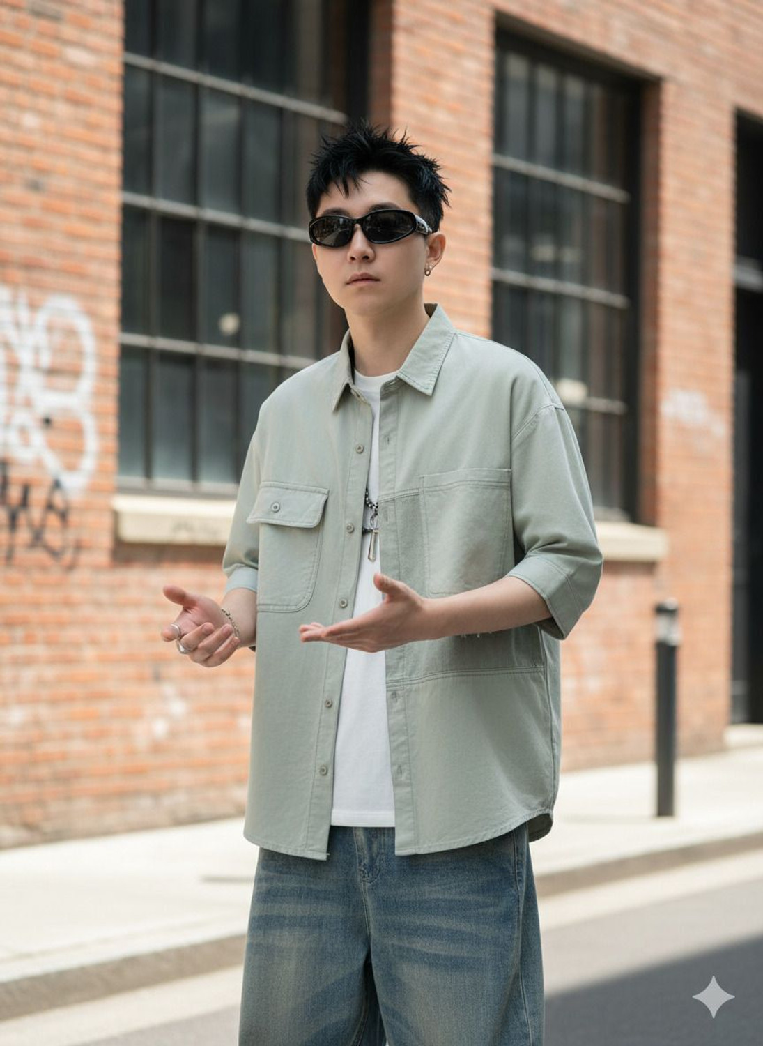 Image of LUCAXICTORY Men Solid Casual Light Green Shirt